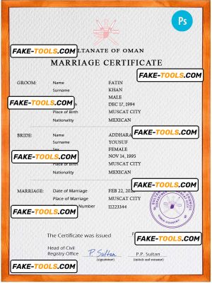 Oman marriage certificate PSD template, completely editable