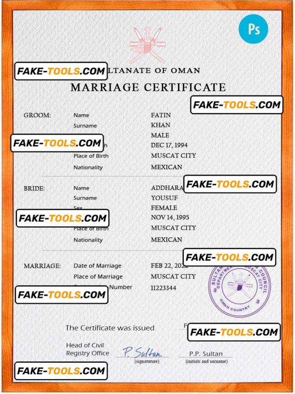 Oman marriage certificate PSD template, completely editable