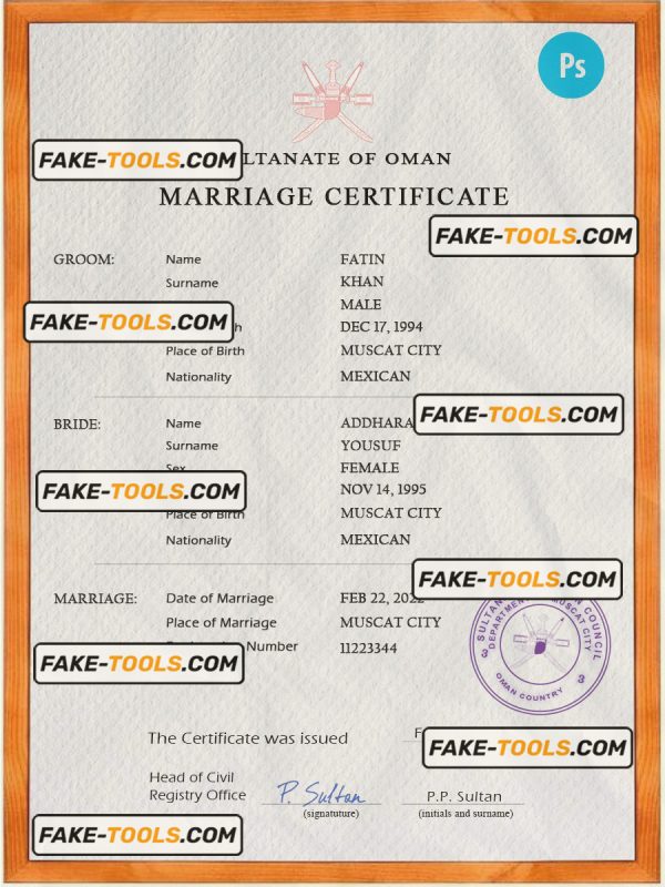 Oman marriage certificate PSD template, completely editable