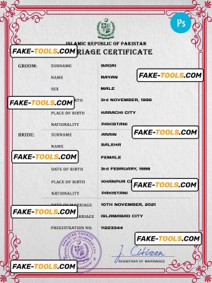Pakistan marriage certificate PSD template, fully editable