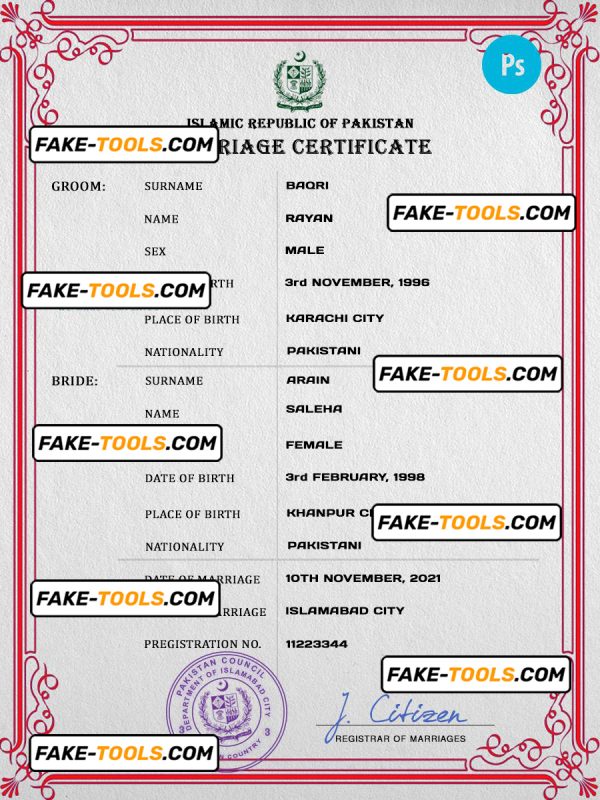 Pakistan marriage certificate PSD template, fully editable