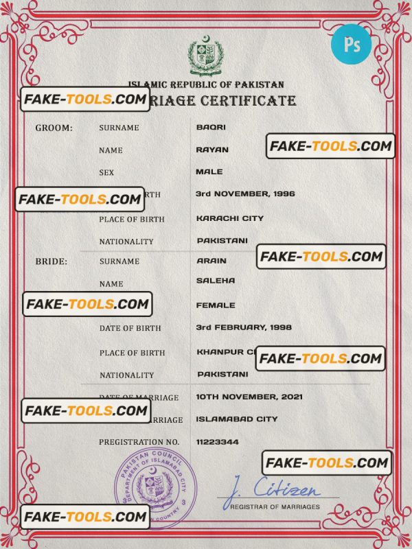 Pakistan marriage certificate PSD template, fully editable scan effect