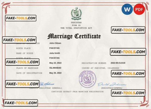Pakistan marriage certificate Word and PDF template, fully editable scan effect