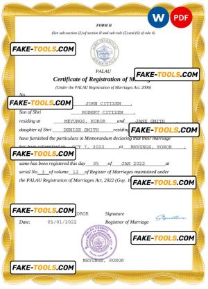 Palau marriage certificate Word and PDF template, completely editable