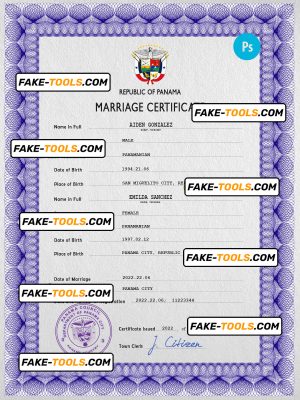 Panama marriage certificate PSD template, completely editable