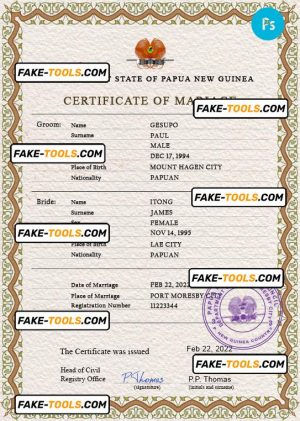 Papua New Guinea marriage certificate PSD template, fully editable