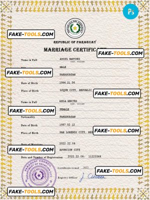 Paraguay marriage certificate PSD template, completely editable