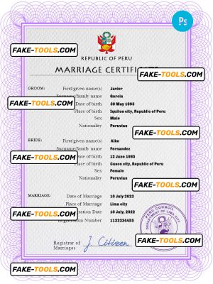 Peru marriage certificate PSD template, fully editable