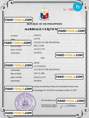 Philippines marriage certificate PSD template, completely editable