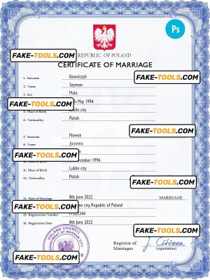 Poland marriage certificate PSD template, completely editable