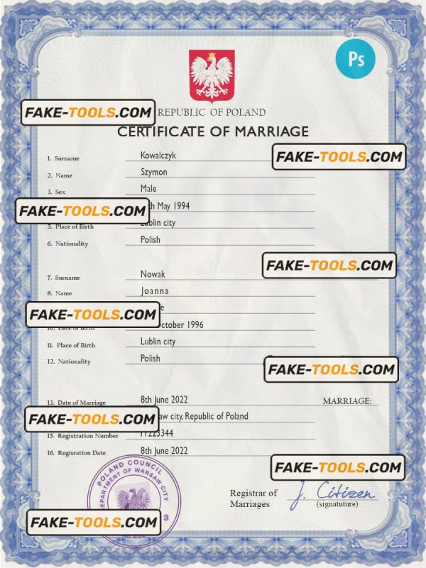 Poland marriage certificate PSD template, completely editable