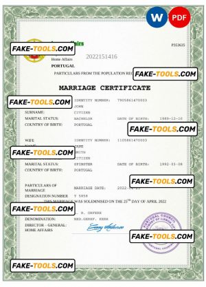 Portugal marriage certificate Word and PDF template, completely editable