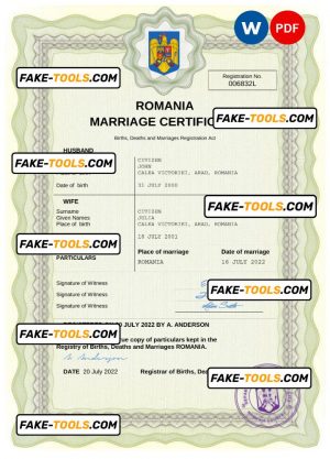 Romania marriage certificate Word and PDF template, completely editable
