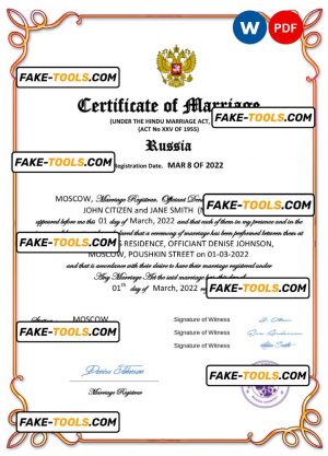 Russia marriage certificate Word and PDF template, fully editable
