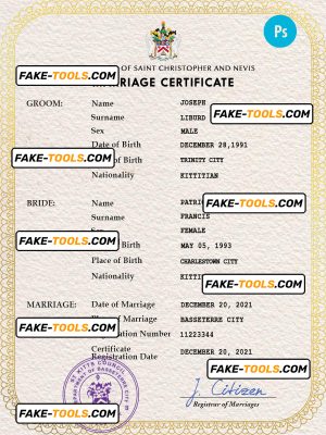 Saint Kitts and Nevis marriage certificate PSD template, fully editable