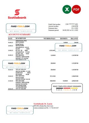 Saint Lucia Scotiabank bank statement, Excel and PDF template