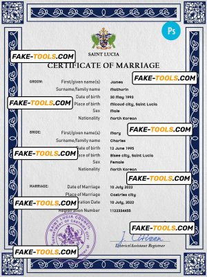 Saint Lucia marriage certificate PSD template, fully editable