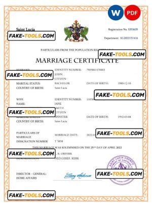 Saint Lucia marriage certificate Word and PDF template, completely editable