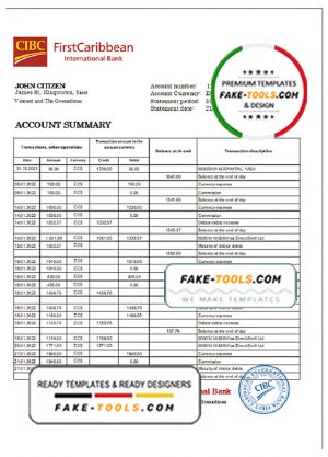 Saint Vincent and The Grenadines First Caribbean International Bank bank proof of address statement template in Word and PDF format