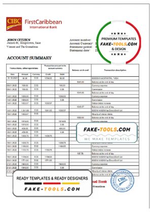 Saint Vincent and The Grenadines First Caribbean International Bank statement template in Excel and PDF format