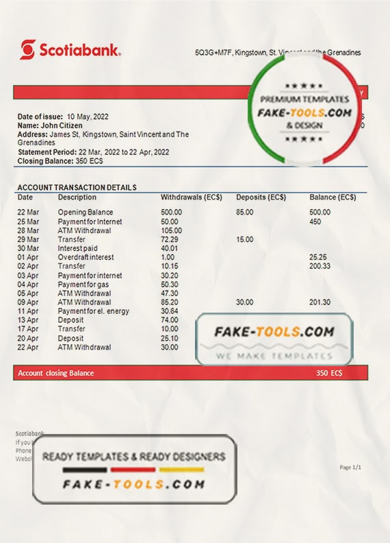 Saint Vincent and The Grenadines Scotiabank bank proof of address statement template in Word and PDF format Saint Vincent and The Grenadines Scotiabank bank proof of address statement template in Word and PDF format