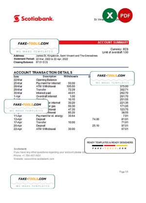 Saint Vincent and The Grenadines Scotiabank bank statement, Excel and PDF template Saint Vincent and The Grenadines Scotiabank bank statement, Excel and PDF template