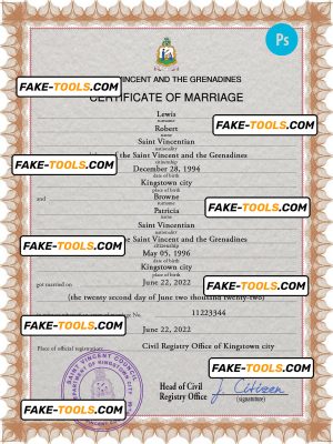 Saint Vincent and the Grenadines marriage certificate PSD template, completely editable