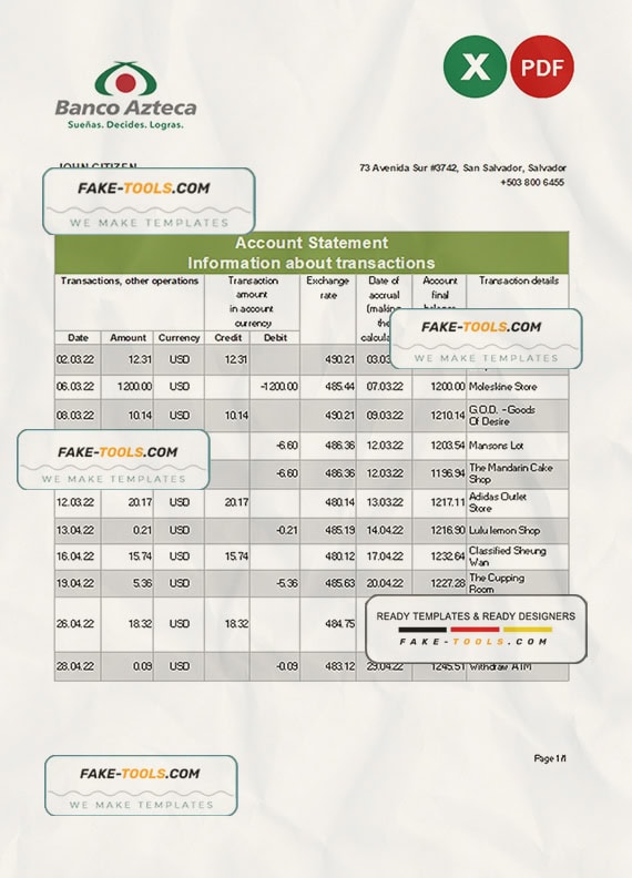 Salvador Banco Azteca bank statement, Excel and PDF template Salvador Banco Azteca bank statement, Excel and PDF template
