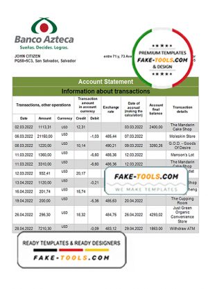 Salvador Banco Azteca bank statement template in Word and PDF format Salvador Banco Azteca bank statement template in Word and PDF format