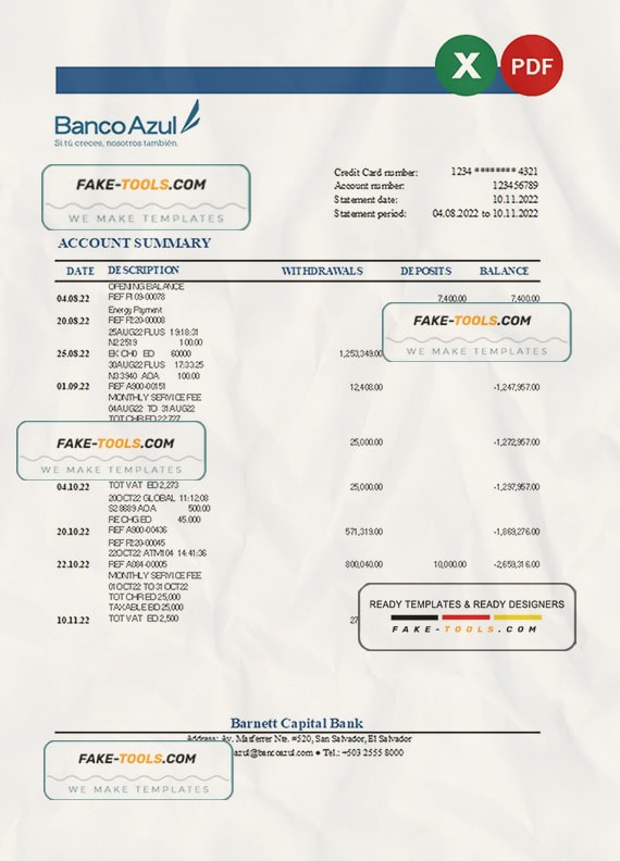 Salvador Banco Azul bank statement Excel and PDF template Salvador Banco Azul bank statement Excel and PDF template