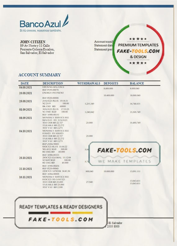 Salvador Banco Azul bank statement template in Word and PDF format Salvador Banco Azul bank statement template in Word and PDF format