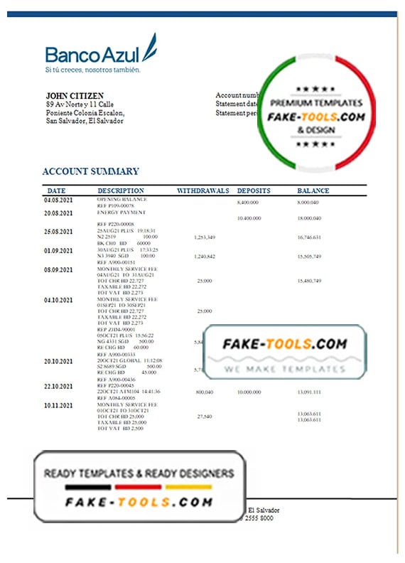 Salvador Banco Azul bank statement template in Word and PDF format Salvador Banco Azul bank statement template in Word and PDF format