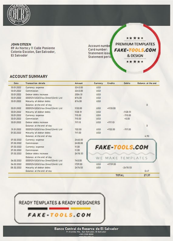 Salvador Banco Central de Reserva de El Salvador bank statement template in Word and PDF format Salvador Banco Central de Reserva de El Salvador bank statement template in Word and PDF format