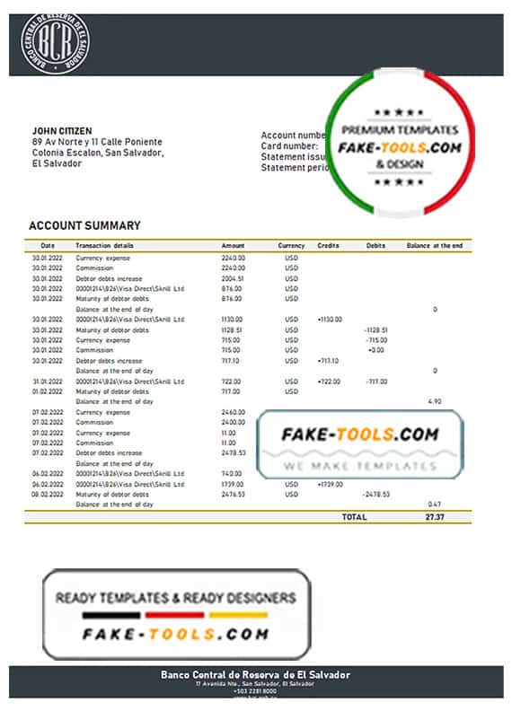 Salvador Banco Central de Reserva de El Salvador bank statement template in Word and PDF format Salvador Banco Central de Reserva de El Salvador bank statement template in Word and PDF format