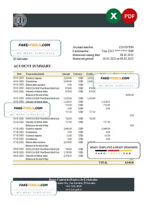 Salvador Banco Central de Reserva of El Salvador bank statement Excel and PDF template Salvador Banco Central de Reserva of El Salvador bank statement Excel and PDF template