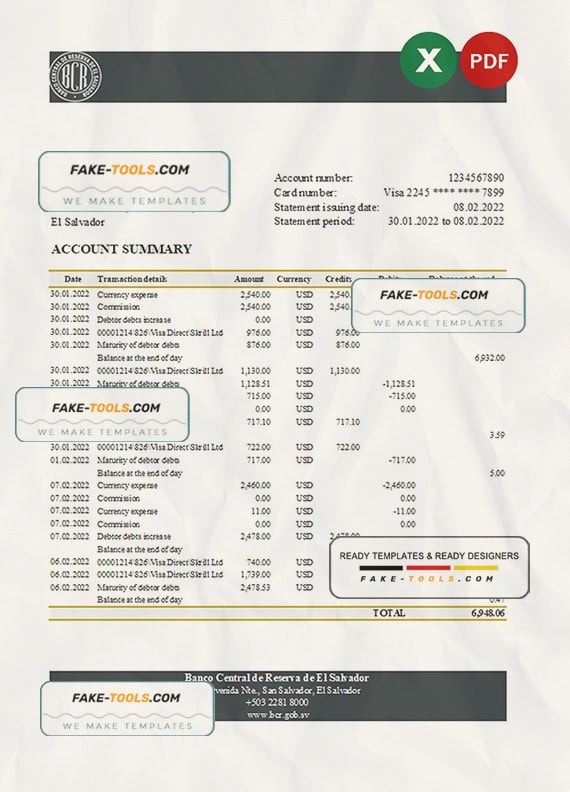 Salvador Banco Central de Reserva of El Salvador bank statement Excel and PDF template Salvador Banco Central de Reserva of El Salvador bank statement Excel and PDF template