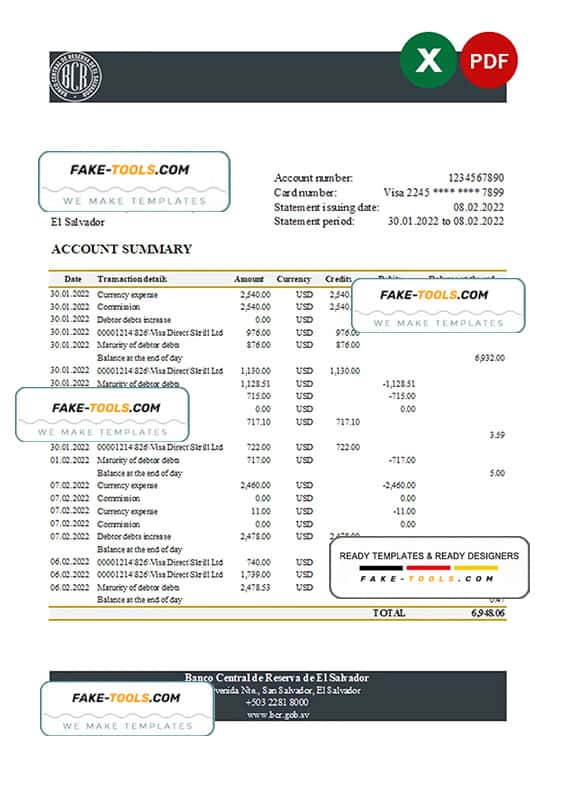 Salvador Banco Central de Reserva of El Salvador bank statement Excel and PDF template Salvador Banco Central de Reserva of El Salvador bank statement Excel and PDF template