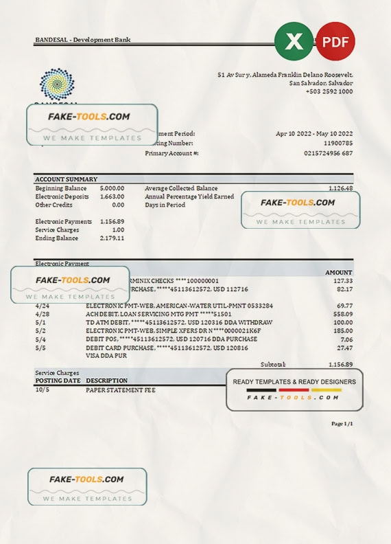Salvador Bandesal bank statement, Excel and PDF template Salvador Bandesal bank statement, Excel and PDF template