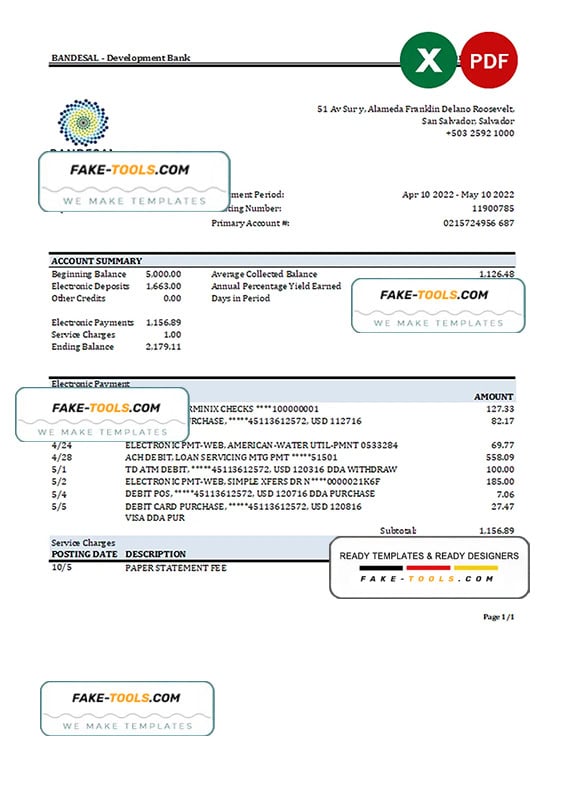 Salvador Bandesal bank statement, Excel and PDF template Salvador Bandesal bank statement, Excel and PDF template