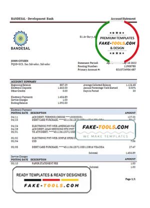 Salvador Bandesal bank statement template in Word and PDF format Salvador Bandesal bank statement template in Word and PDF format