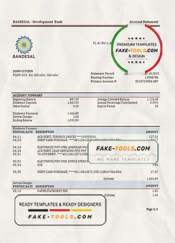 Salvador Bandesal bank statement template in Word and PDF format Salvador Bandesal bank statement template in Word and PDF format