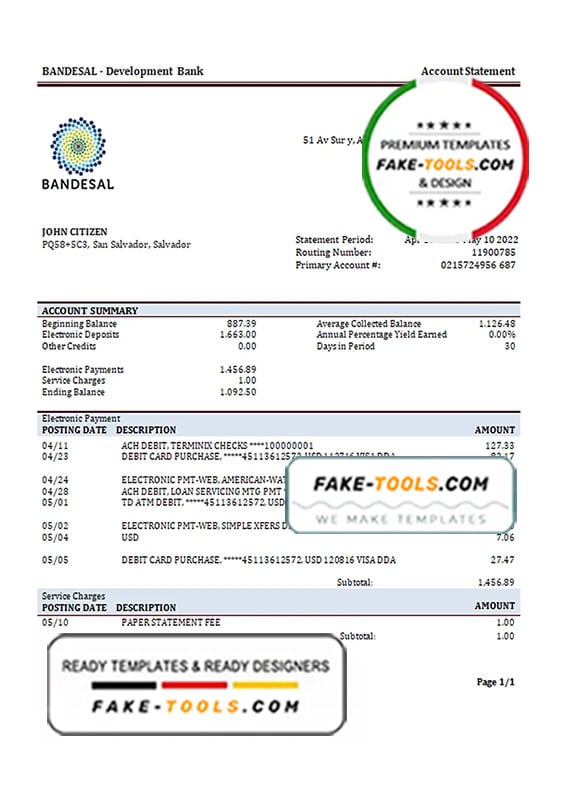 Salvador Bandesal bank statement template in Word and PDF format Salvador Bandesal bank statement template in Word and PDF format