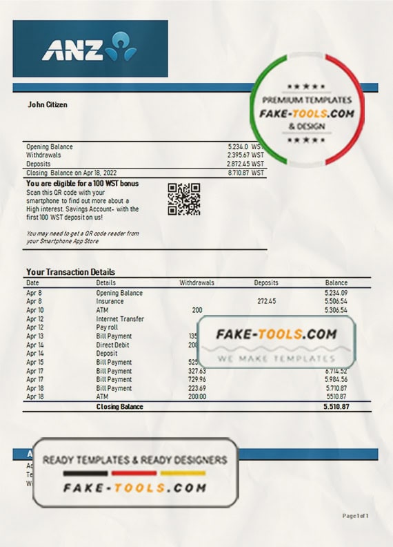 Samoa ANZ bank proof of address statement template in Word and PDF format Samoa ANZ bank proof of address statement template in Word and PDF format
