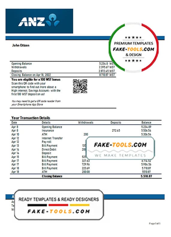 Samoa ANZ bank proof of address statement template in Word and PDF format Samoa ANZ bank proof of address statement template in Word and PDF format