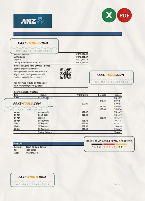 Samoa ANZ bank statement, Excel and PDF template Samoa ANZ bank statement, Excel and PDF template