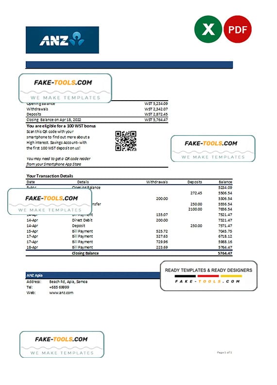 Samoa ANZ bank statement, Excel and PDF template Samoa ANZ bank statement, Excel and PDF template