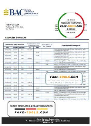 San Marino Banca Agricole Commerciale bank statement template in Word and PDF format San Marino Banca Agricole Commerciale bank statement template in Word and PDF format