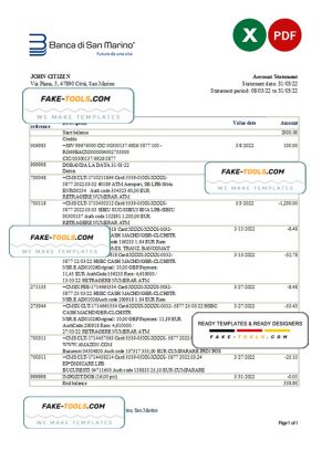 San Marino Banca di San Marino bank statement, Excel and PDF template