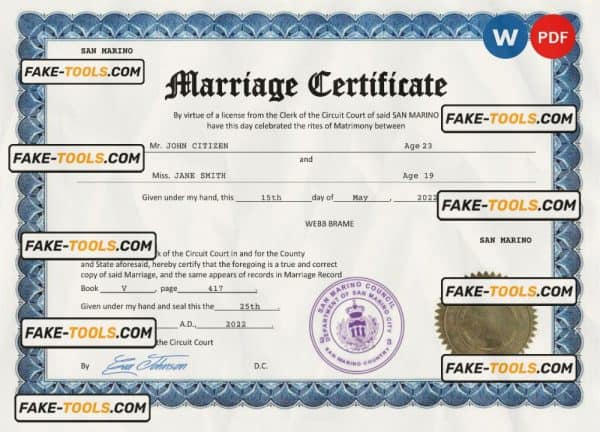San Marino marriage certificate Word and PDF template, completely editable