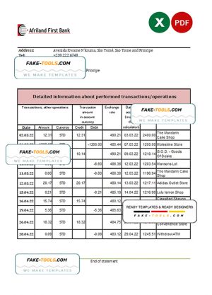 Sao Tome and Principe Afriland First bank statement, Excel and PDF template